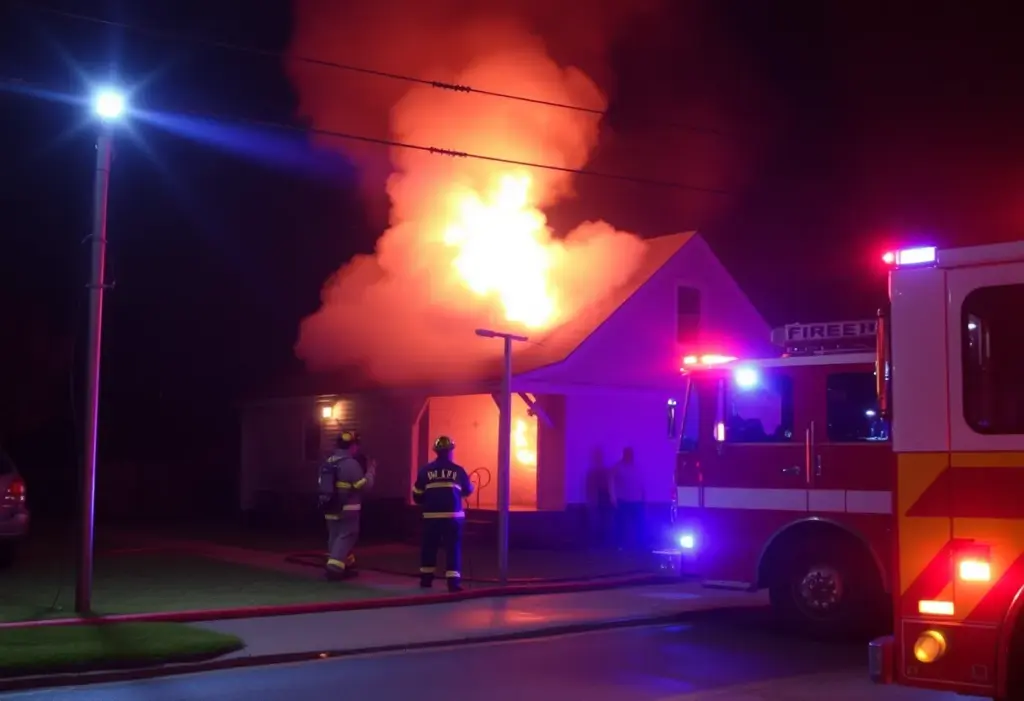 Firefighters at the scene of a house fire on Bishop Drive