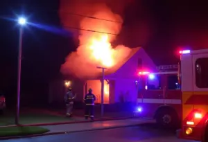 Firefighters at the scene of a house fire on Bishop Drive