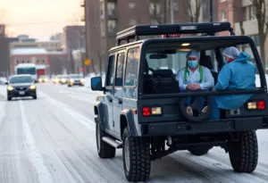 Four-wheel-drive vehicle providing free rides to healthcare workers in snowy Lexington.