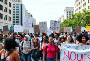 Participants of the Freedom March in Lexington carrying banners