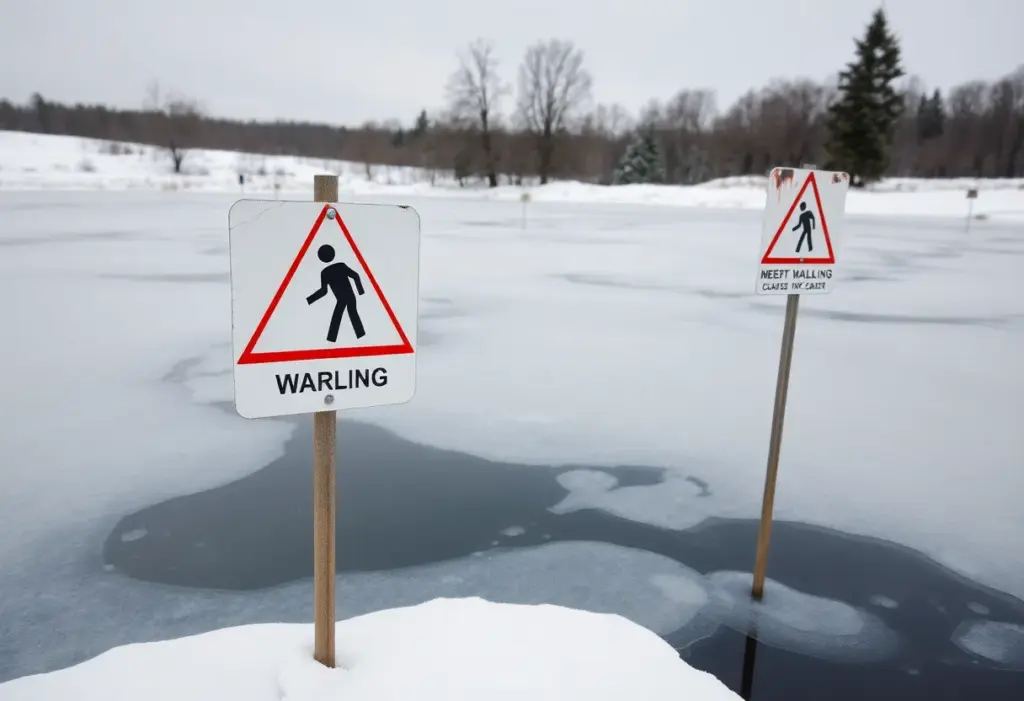 Warning sign against walking on frozen water in Lexington.