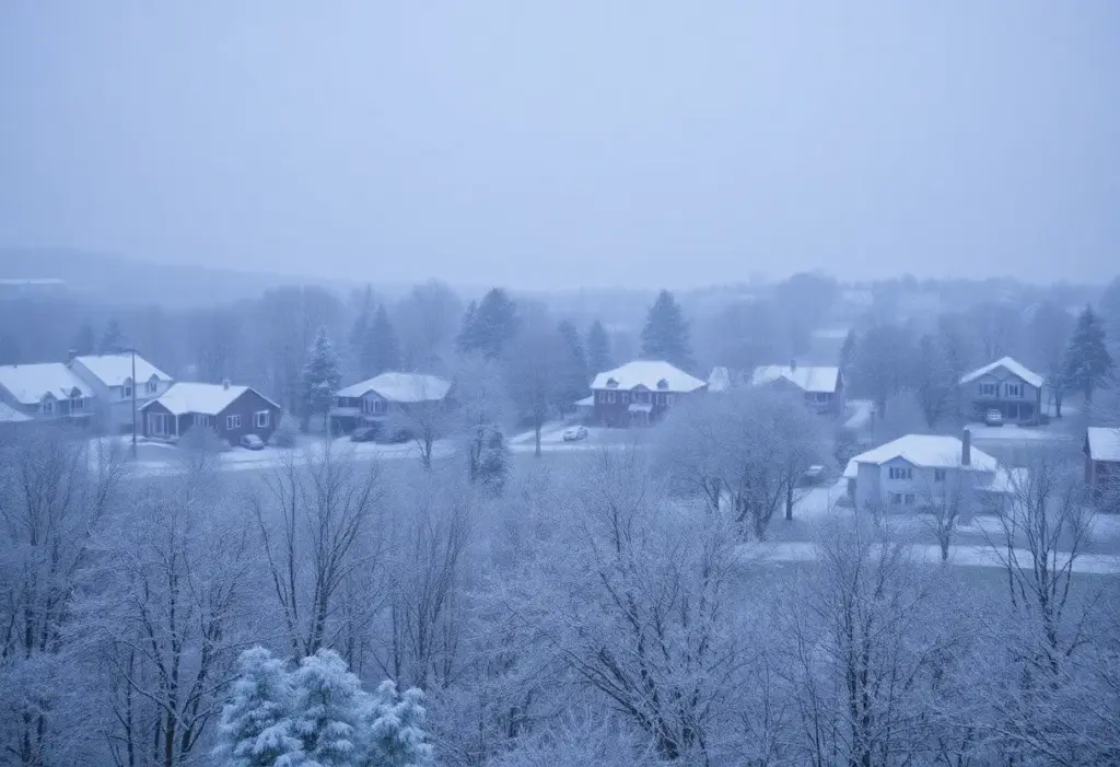 Heavy snow covering trees and homes in Georgetown, Kentucky