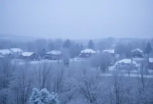 Heavy snow covering trees and homes in Georgetown, Kentucky