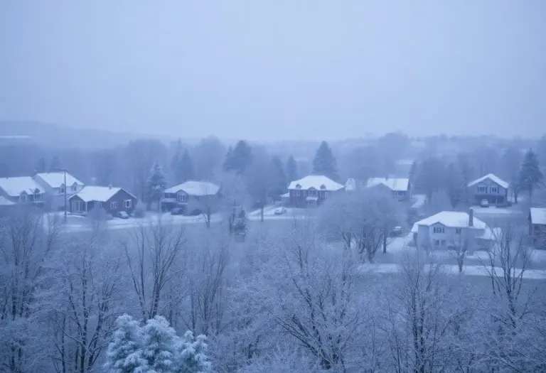 Heavy snow covering trees and homes in Georgetown, Kentucky