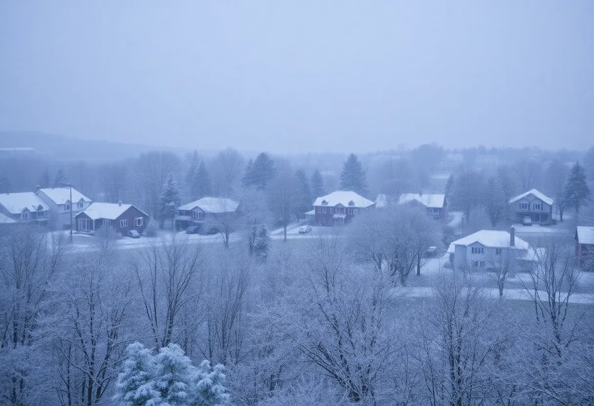 Heavy snow covering trees and homes in Georgetown, Kentucky