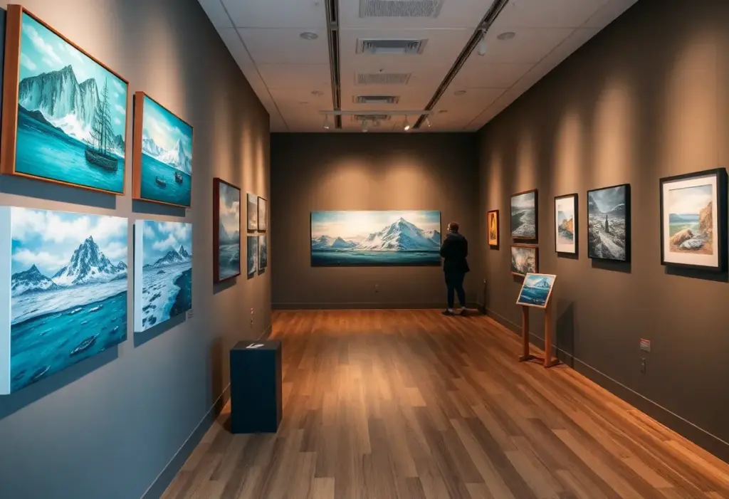 Artworks displayed at the Glacial Futures exhibition encapsulating Arctic landscapes and environmental themes.