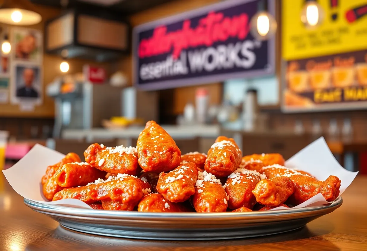 Platter of hot wings with a sign for free wings for essential workers