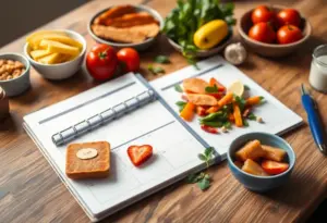 A planner with healthy food options symbolizing New Year's resolutions.