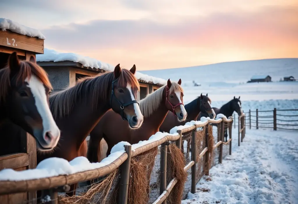 Horses wearing blankets in a winter stable