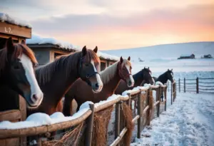 Horses wearing blankets in a winter stable