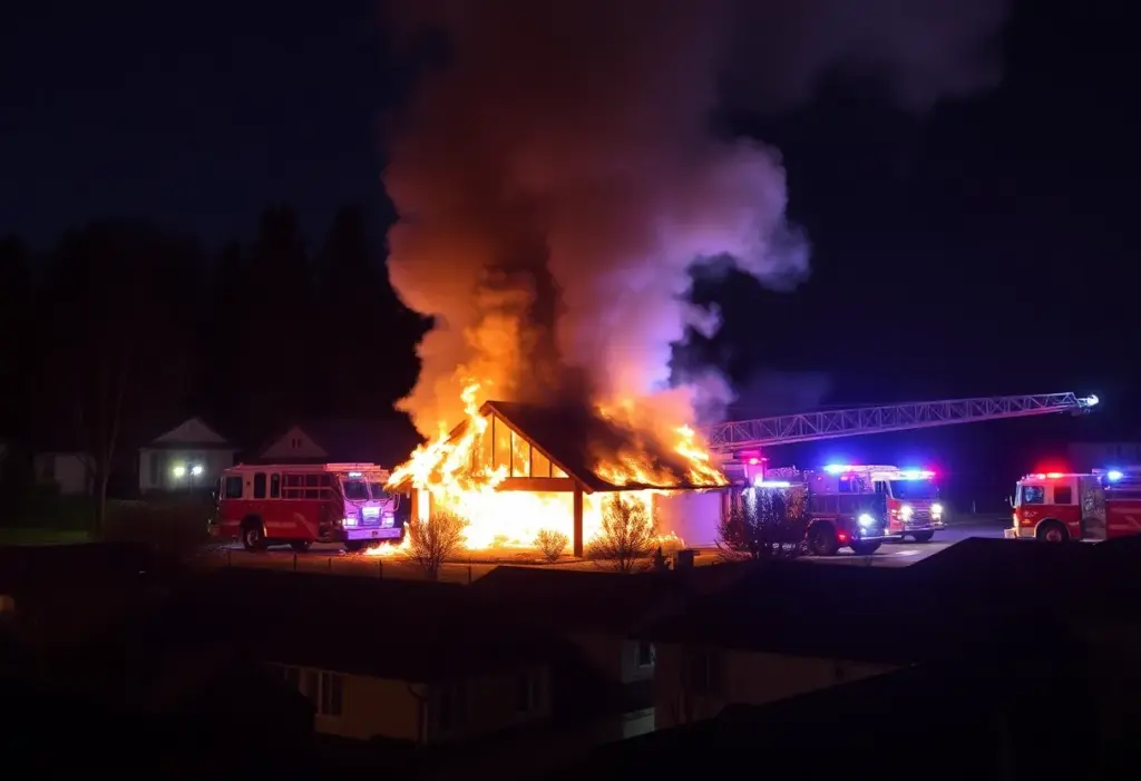 House engulfed in flames with fire trucks nearby in Lexington