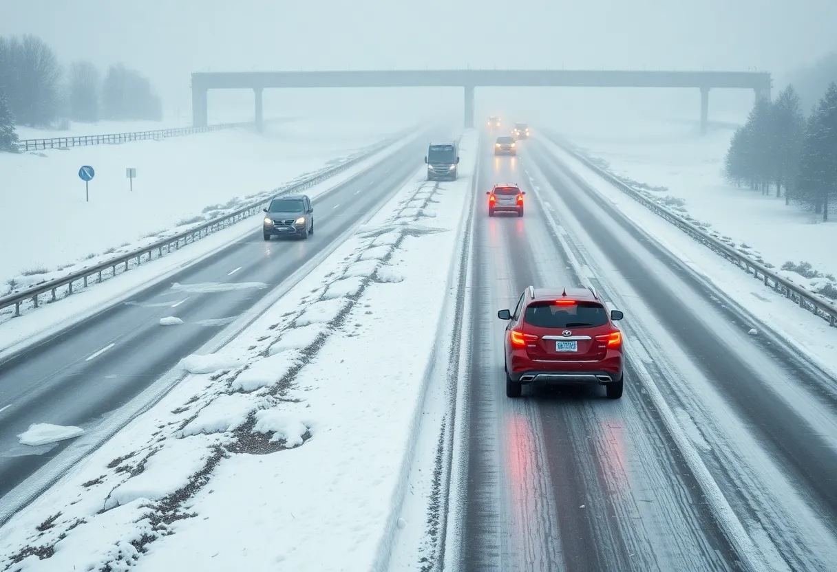 Icy highway with vehicles amidst winter weather