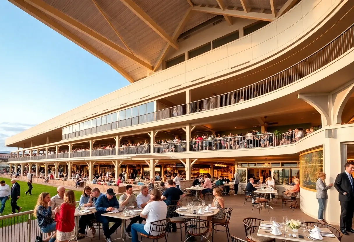 Newly constructed Paddock Building at Keeneland Race Course filled with guests.