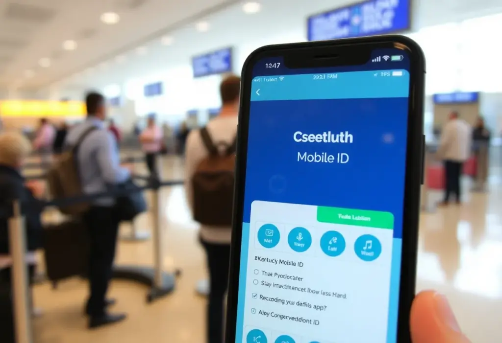 Kentucky Mobile ID app on a smartphone at an airport security checkpoint