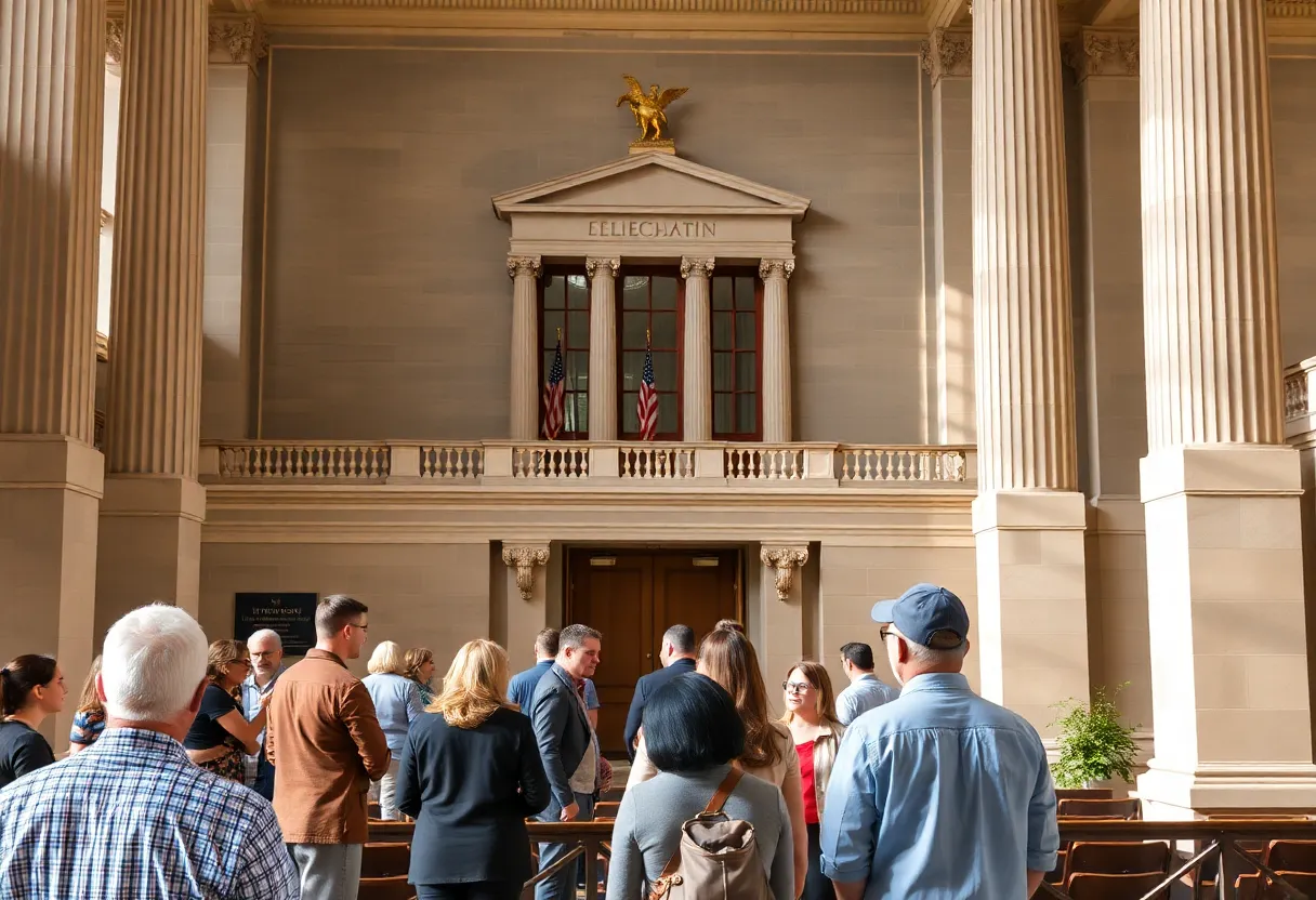 Exterior view of Kentucky Senate building with community members engaged in discussions.