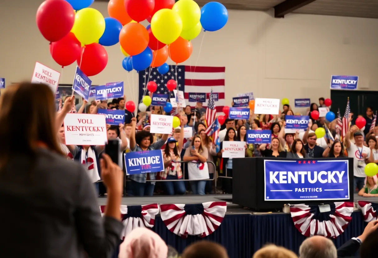 Political rally for the Kentucky Senate race with supporters and campaign materials.