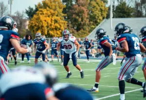 College football players training on the field for Kentucky Wildcats.