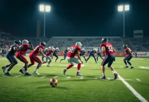 Kentucky Wildcats football players strategizing on the field