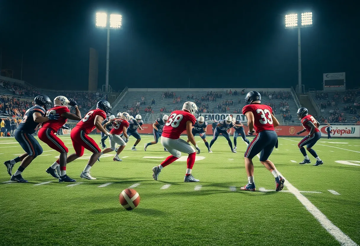 Kentucky Wildcats football players strategizing on the field