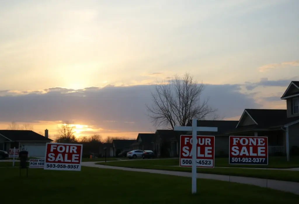Residential neighborhood in Kentucky with for sale signs