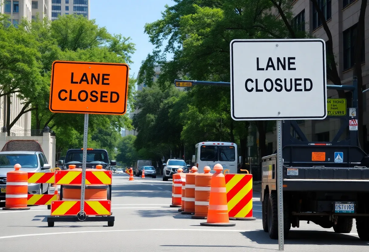 Construction zone on East Fourth Street with barriers and machinery