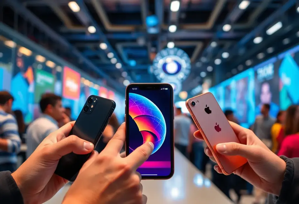 Latest iPhone models displayed with AI technology features.