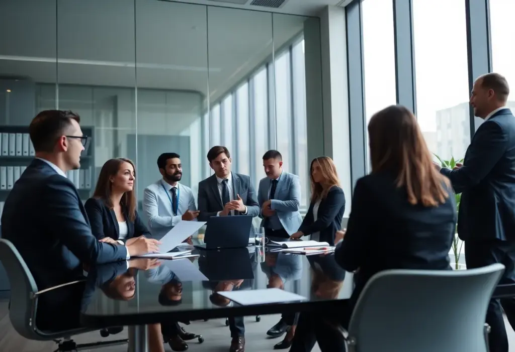 Professionals collaborating in a law office meeting room.