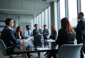 Professionals collaborating in a law office meeting room.