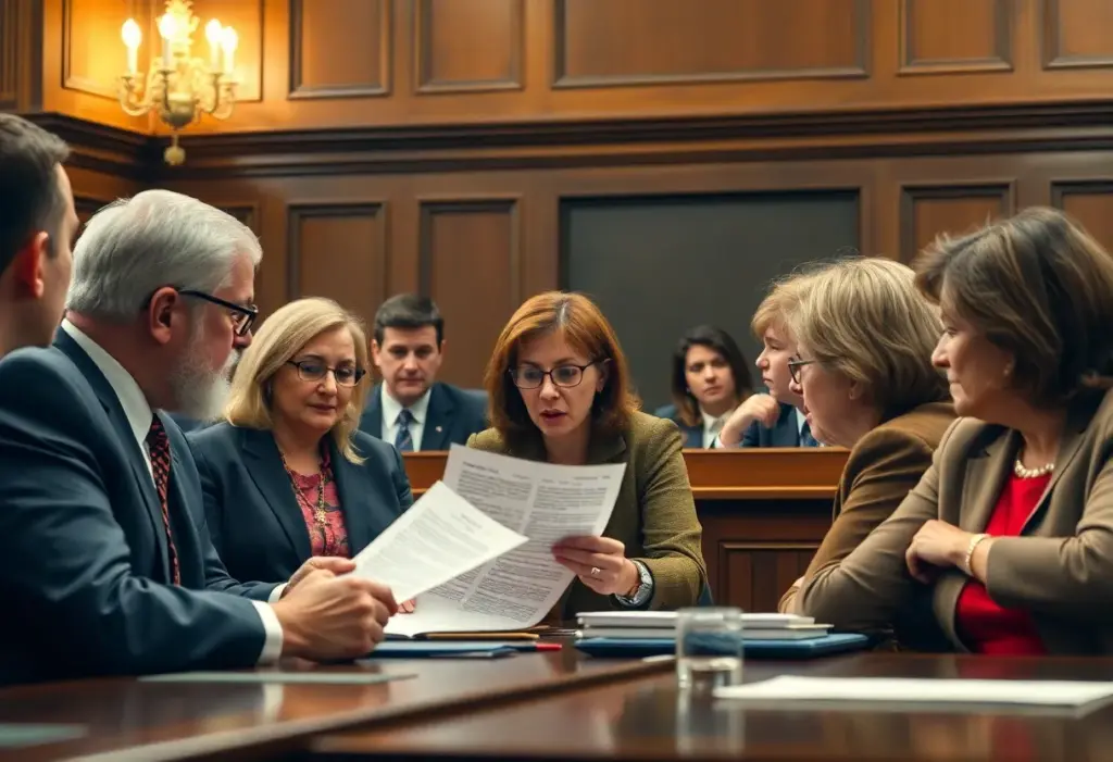 Legislative committee reviewing impeachment petition in a courtroom