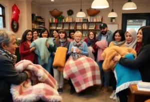 Community members donating blankets at a local café for trafficking survivors in Lexington.