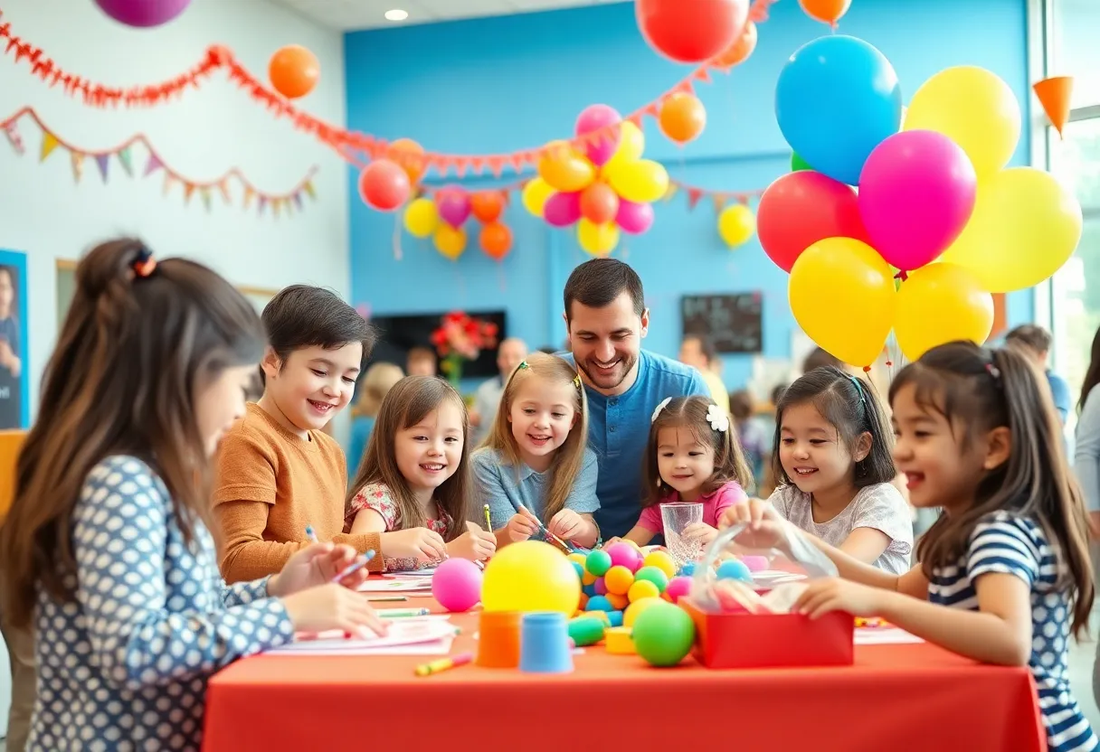 Families celebrating at the Lexington Children's Museum with crafts and a balloon drop.