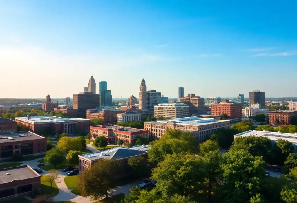 City skyline of Lexington, Kentucky showing parks and economic developments