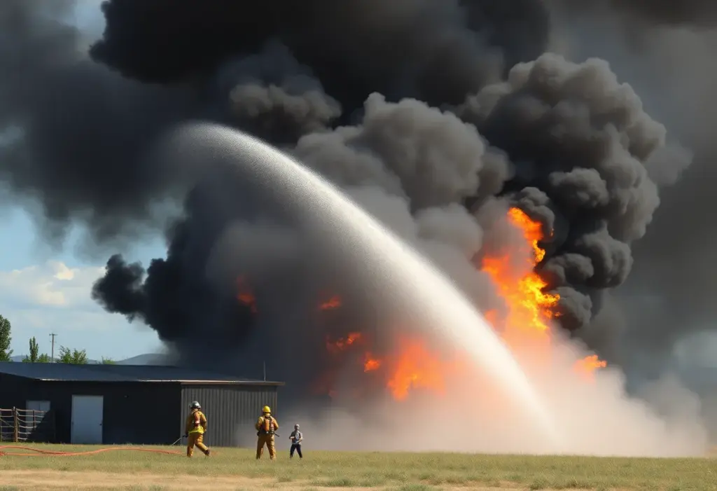 Firefighters responding to the Bluegrass Stockyards fire with black smoke in the background