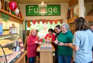 Community members supporting fundraising for student lunch debt at a local fudge shop.
