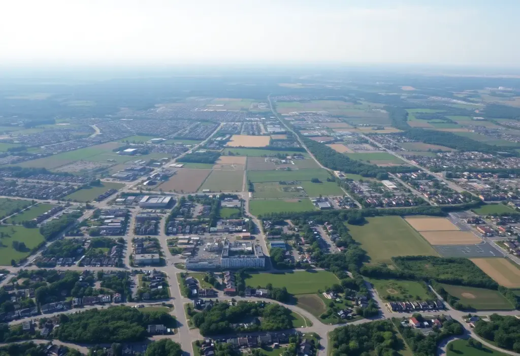Aerial view of Lexington showing urban and agricultural areas