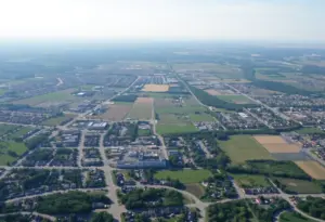 Aerial view of Lexington showing urban and agricultural areas