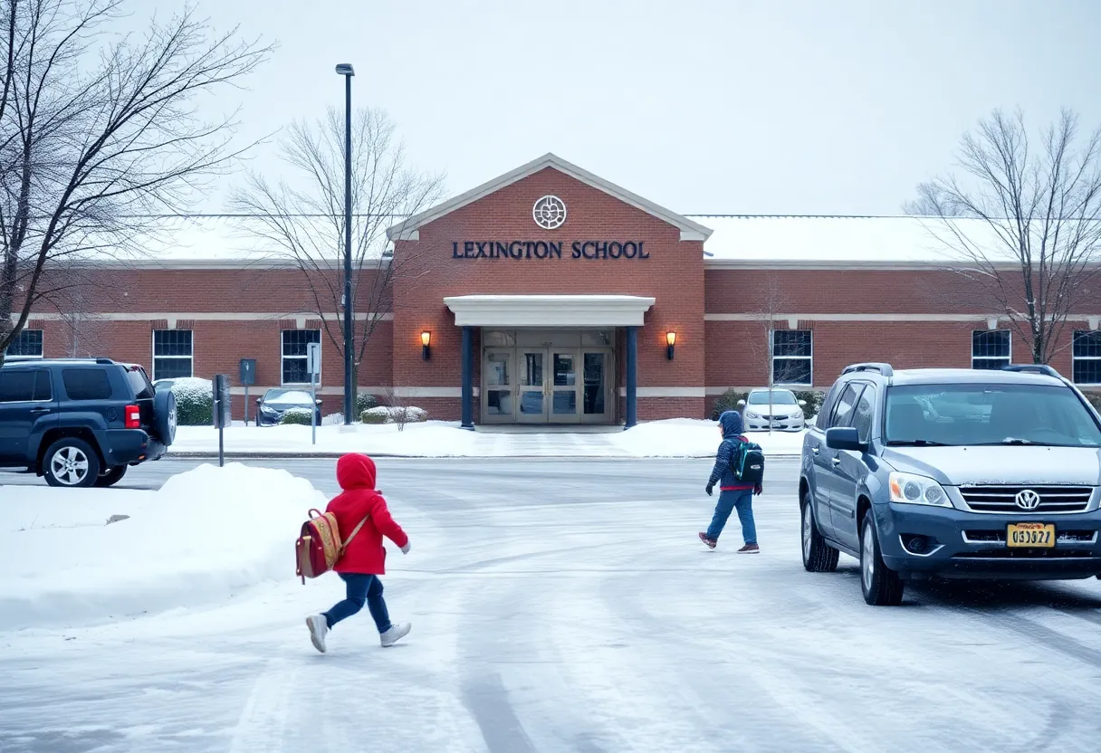 Snowy Lexington school with children arriving