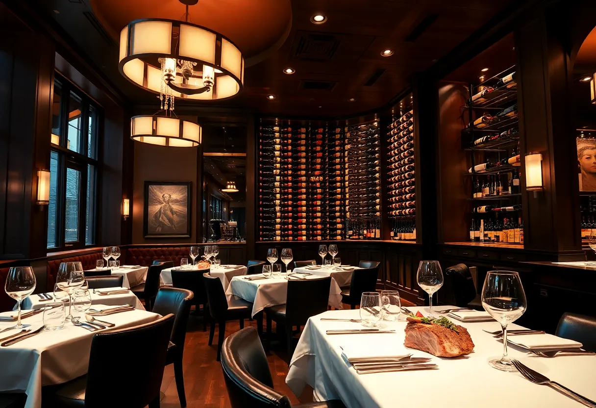 Interior view of a luxurious steakhouse in Lexington with warmly lit ambiance and fine dining setup.