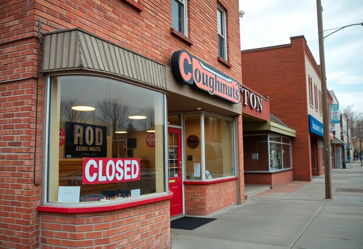 Exterior view of a closed doughnut shop with a sign