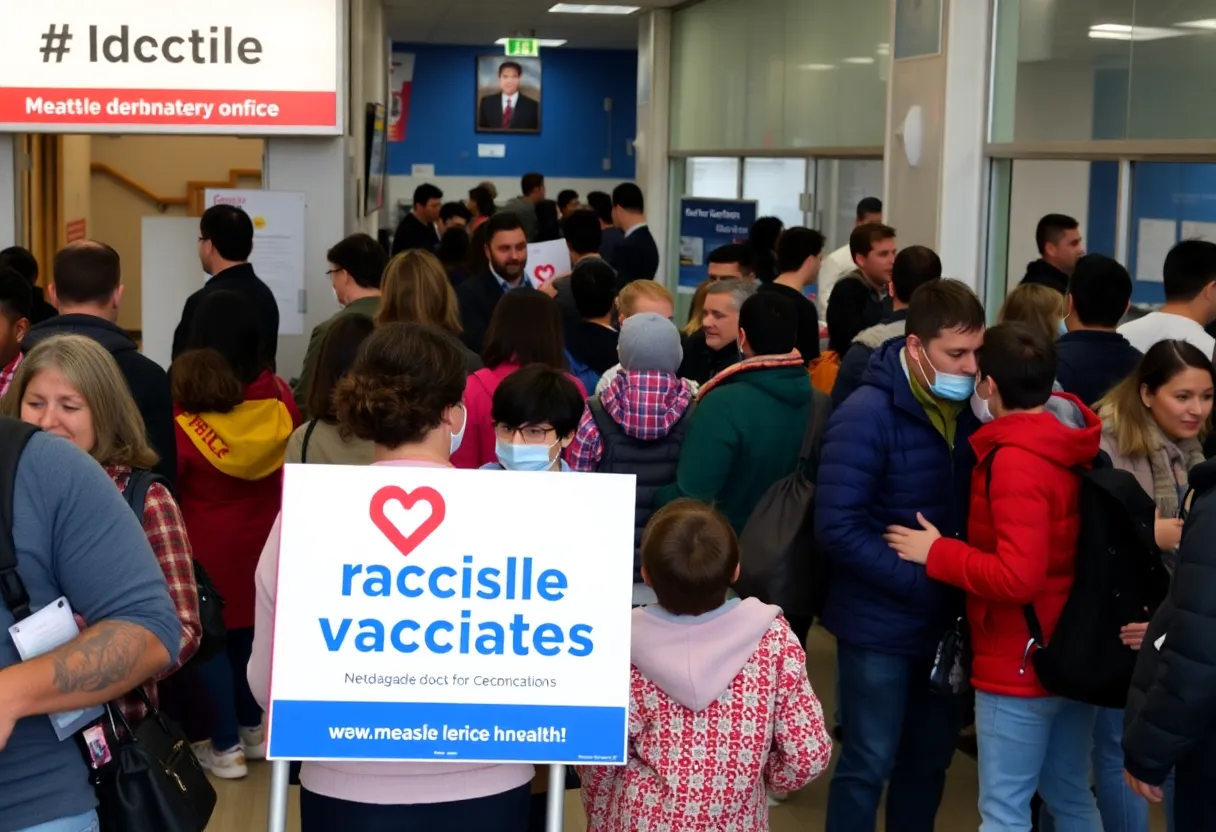 A public health awareness poster on measles vaccination in a clinic setting.