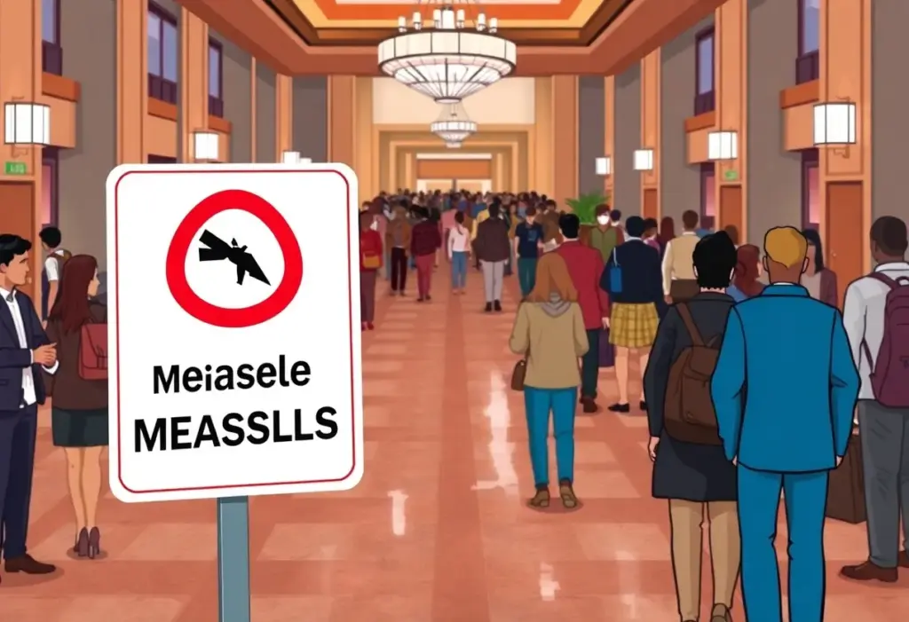 Warning sign about measles in a hotel lobby
