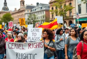 People marching in celebration of Martin Luther King Jr. with banners