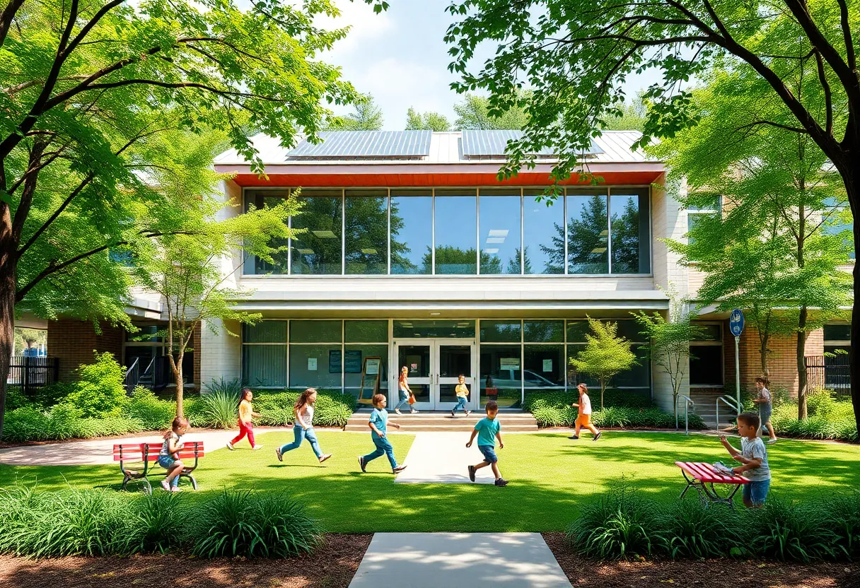 A new elementary school building in Lexington, Kentucky with children playing outside.