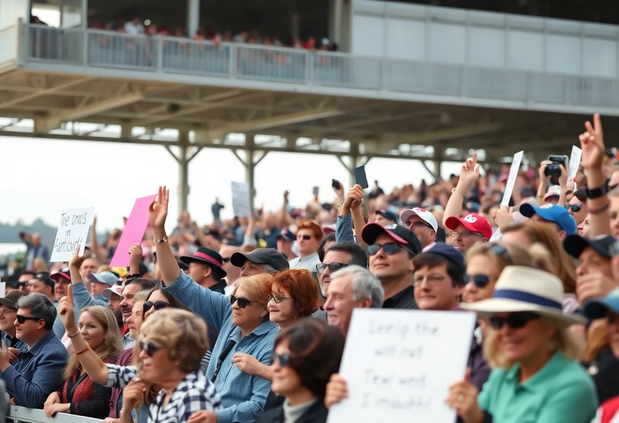 Crowd cheering at a horse racing event for NTRA Moment of the Year voting