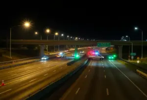 Traffic accident scene on I-75 and I-64 in Lexington at night