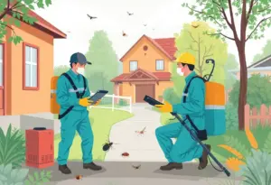 Technicians providing pest control services in a residential area.