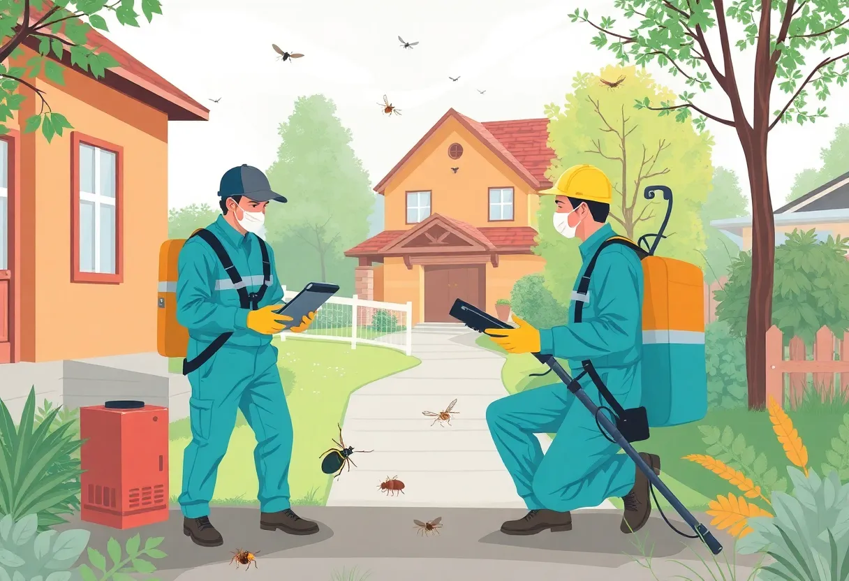 Technicians providing pest control services in a residential area.