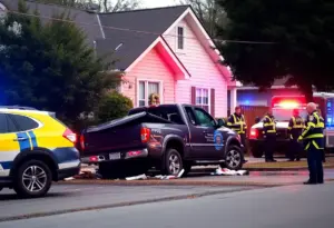 A pickup truck crashed into a home on Ash Street, showing damage.