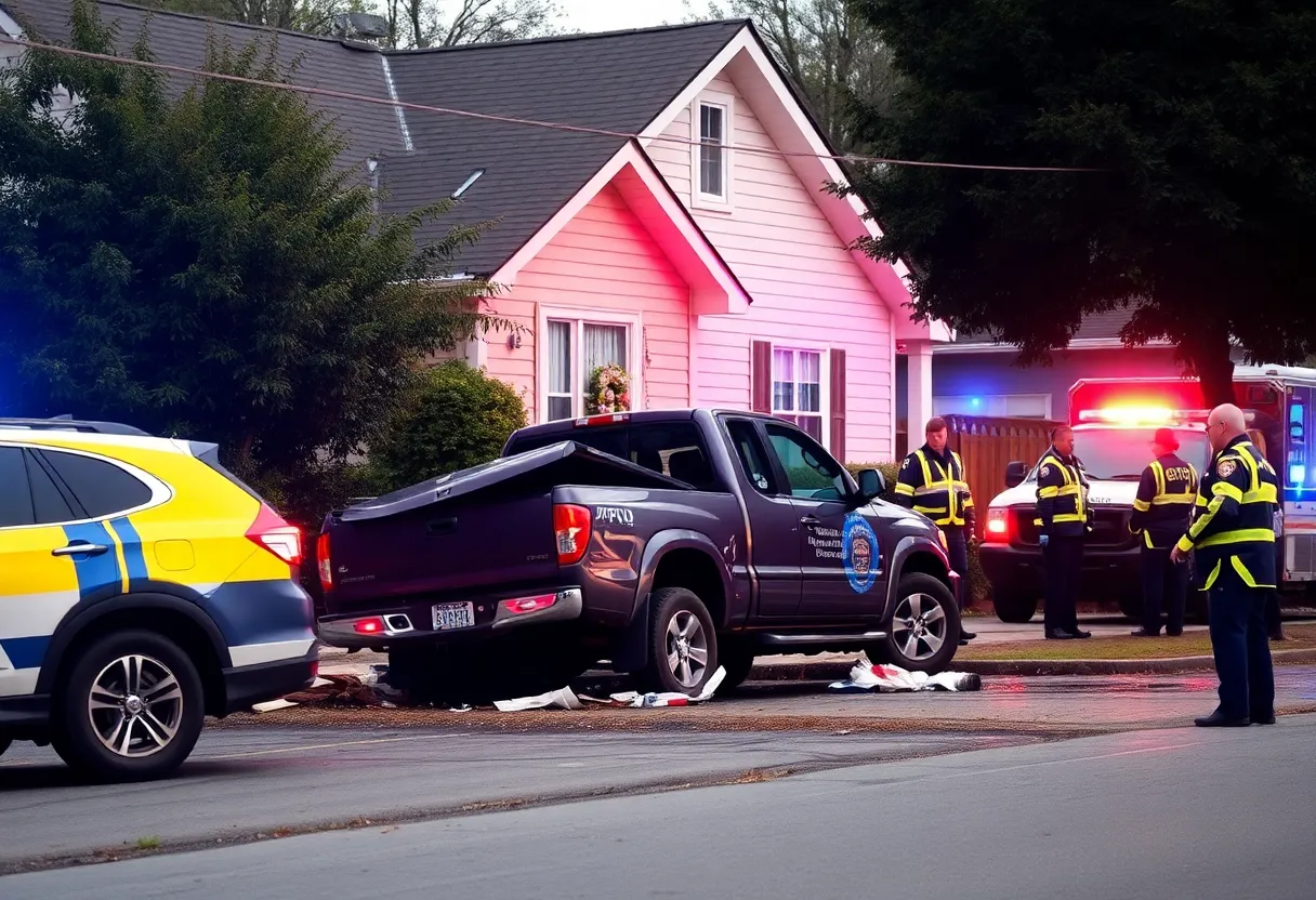 A pickup truck crashed into a home on Ash Street, showing damage.