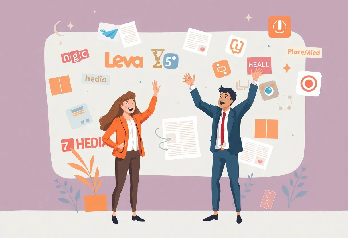 Small business owners celebrating press release distribution success